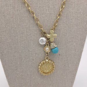 Gold Tone Coin & Faux Turquoise Charm Necklace